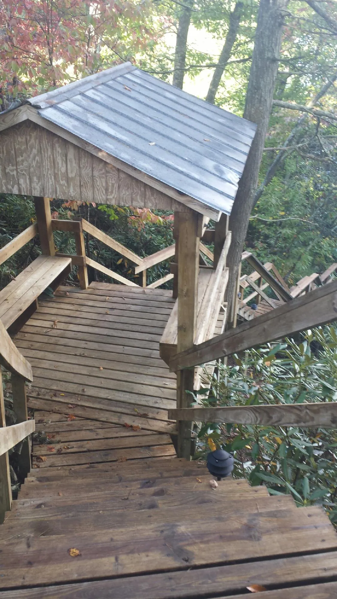 Metal roofed shelter over wooden steps on a wooded walkway — Skylight Repair & Installation work by our crew in Matlock